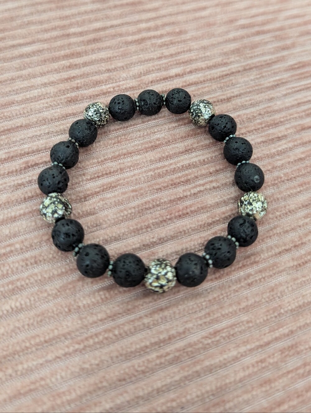 Black Lava Stone & Silver Beaded  Bracelet